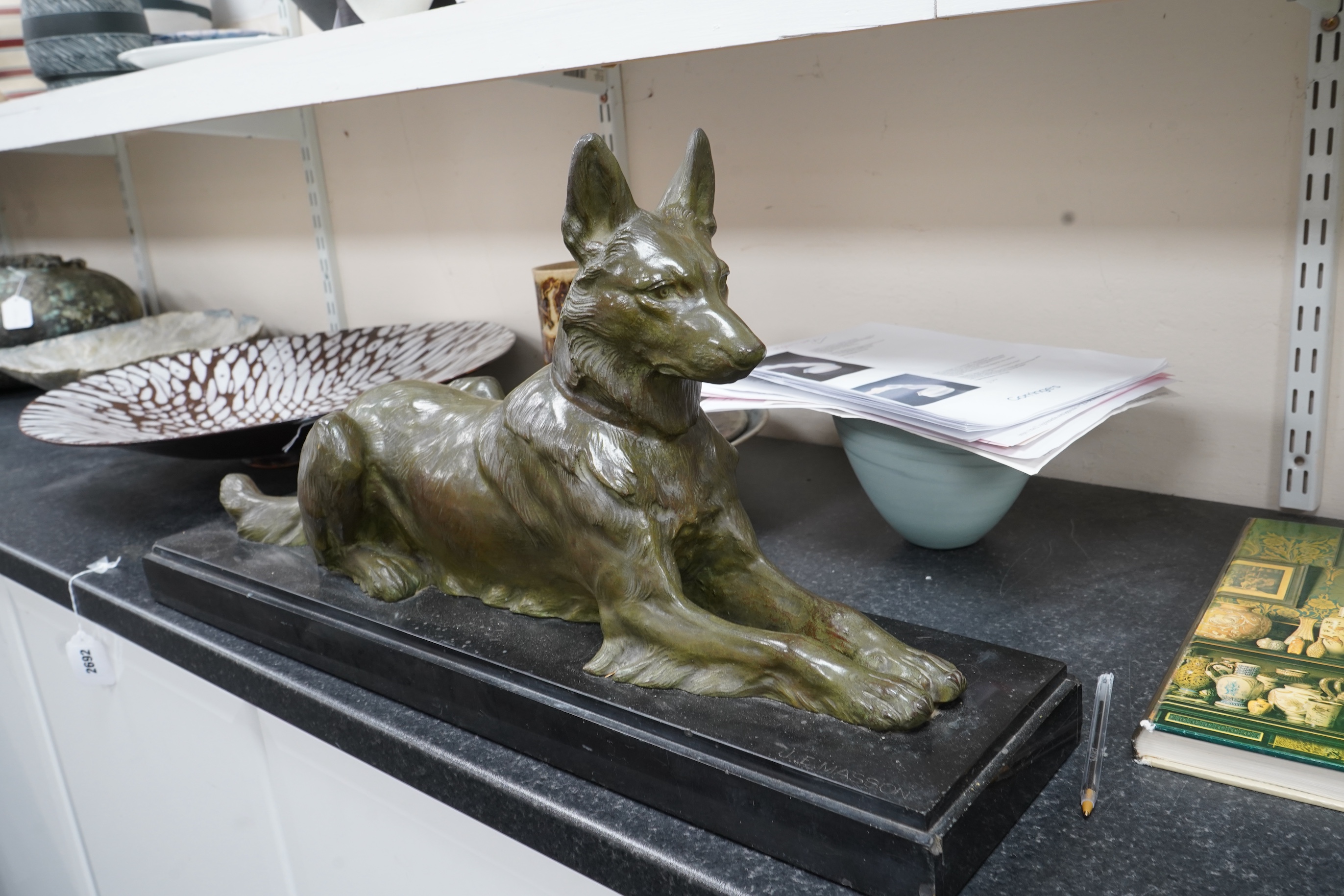 J.E. Masson - Bronze seated Alsatian dog on black marble stand, 70.5cm wide x 34.5cm high